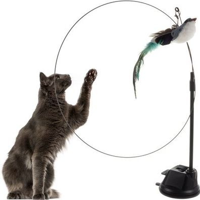 Katzenspielzeug Angelrute mit Saugnapf Vogel mit Federn & Glocke interaktiv