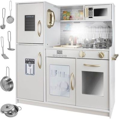 Kinderküche Holz XL Spielküche Weiß Gold mit Licht Sound Zubehör Herd Mikrowelle