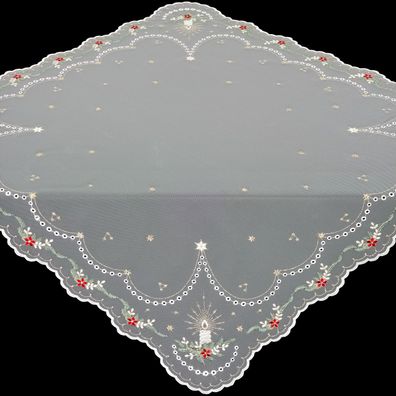 Tischdecke Weihnachten Plauener Spitze Mitteldecke Tüll Stickerei Rot Gold 85x85
