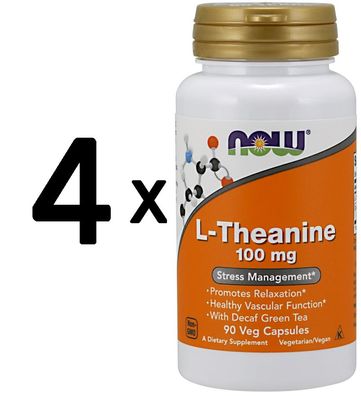 4 x NOW Foods L-Theanine, 100mg with Green Tea - 90 vcaps