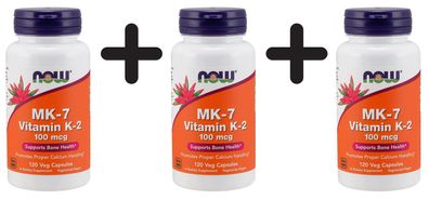 3 x NOW Foods MK-7 Vitamin K-2, 100mcg - 120 vcaps
