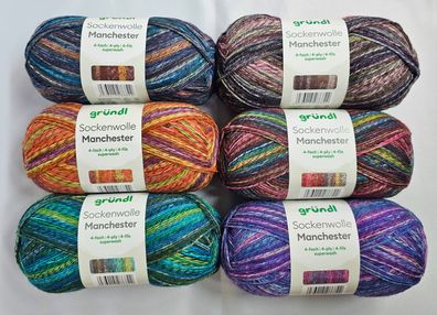 6x 100g Sockenwoll-Paket Gründl Sockenwolle Manchester 4fach GP 66,58€/1kg