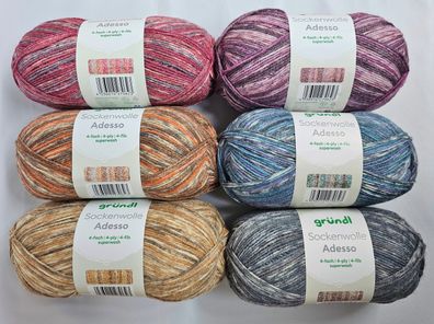 6x 100g Sockenwoll-Paket Gründl Sockenwolle Adesso 4fach stricken GP 66,58€/1kg