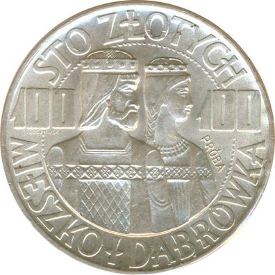 Polen 100 Zlotych 1966 Mieszko und Dubrawka Probe Silber*