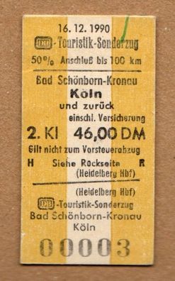 DB Deutsche Bahn Ticket Fahrschein Toristik Sonderzug 1990 Kronau-Köln