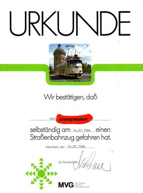 Urkunde Straßenbahn Mannheim MVG selbstständige Bahnfahrt 1986 DIN A4 80er