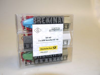 1:87 Brekina Somo-Box 3 Stück Henschel HS 140 Pritsche/Spitzplane grün/grau/blau, neu