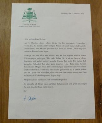 Erzbischof Freiburg Breisgau Stephan Burger 2015 Glückwunsch Brief zum 90