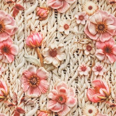 Alpenfleece Stoff mit Anemonen Blumen Strickoptik naturweiss 50 x 150 cm Kuschelsweat