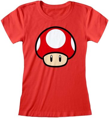 Nintendo Super Mario - Power Up Mushroom (Womens Red Fitted T-Shirt) Damen T-Shirt