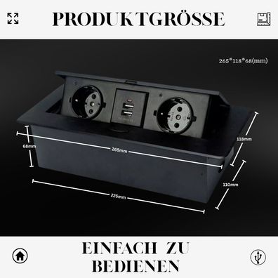 Versenkbare EU-Multimedia-Steckdose - Schreibtisch-Einbau, langsam hochklappbar