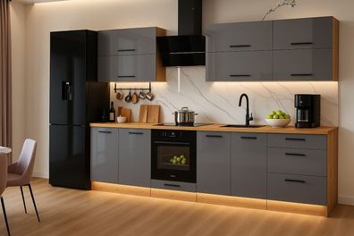 Küchenzeile EMMA 280 cm-Grau Hochglanz-Goldkraft Eiche ABS Kanten-MDF-VOLLAUSZUG