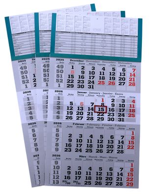 3 Stück 4 Monats Wandkalender 2026 mit Datumsschieber in Rot