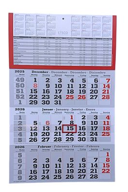 Plano 3 Monats Wandkalender 2026 mit Datumschieber in Rot, inkl. Ferienübersichten