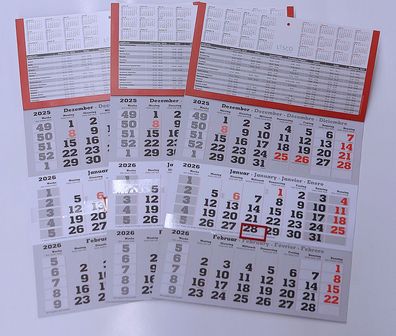 3 Stück Plano 3 Monats Wandkalender 2026 mit Datumschieber in Rot