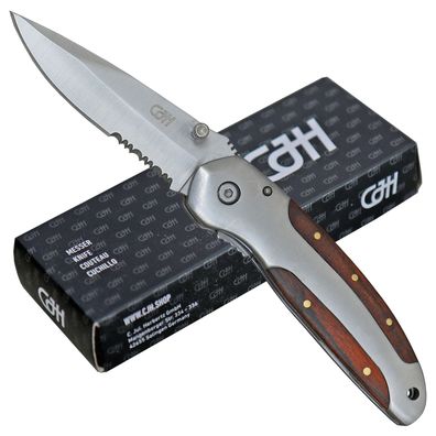 CJH Einhandmesser Taschenmesser Edelstahl-Heft Pakkaholz Einlagen Clip
