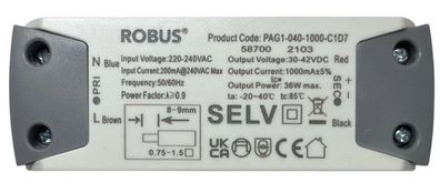 Robus LED Driver PAG1-040-1000-C1D7 | 36W 30-42VDC 1000mA | 587002103