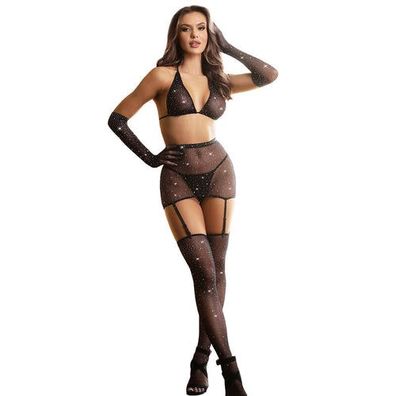 Subblime – Netz-Bodystocking mit Handschuhen und Strass Schwarz One Size