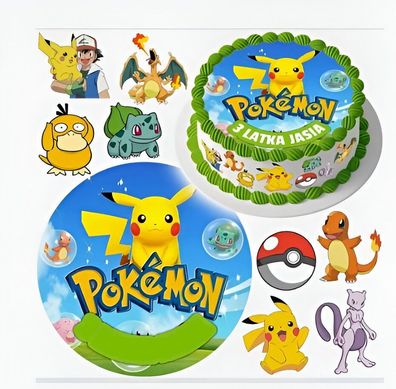 Pokemon Pokeball Pikachu Essbar Zuckermasse Tortenbild Tortenaufleger + 4 Muffin