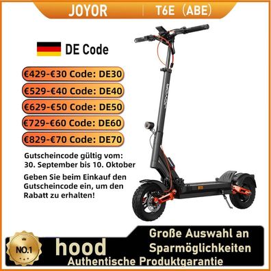 JOYOR T6E ABE Elektroroller für Erwachsene, 10 Zoll Reifen, 500W Motor, 48V 18Ah Akku