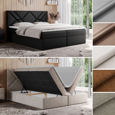 Doppelbett NEOMI, Boxspringbett mit Multipocket-Matratze, dekorativem Kopfteil