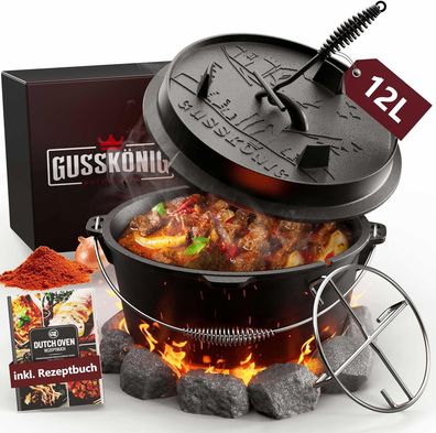 Gusskönig Dutch Oven Set 12 Liter Feuertopf Gusseisen inkl. 2in1 Deckelheber Rezeptbu