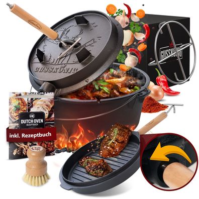 Gusskönig Dutch Oven Set 7 Liter Feuertopf Deckelheber und Edelstahl Untersetzer