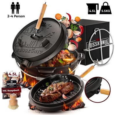 Gusskönig Dutch Oven Set 4,5 Liter Feuertopf inkl. 2in1 Deckelheber Bürste Rezeptbuch