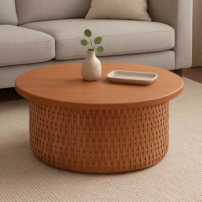 Couchtisch HWC-P15, Beistelltisch Sofatisch Mahagoniholz Rattan rund Ø75cm