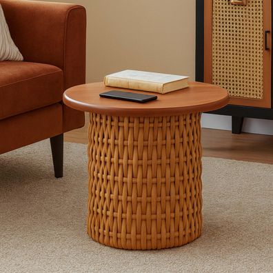 Beistelltisch HWC-P15, Sofa-/Couch-/Pflanzentisch Tisch, Mahagoni Rattan rund Ø44cm