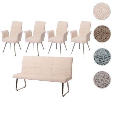 Esszimmer-Set HWC-G55, 4xStuhl mit Armlehne+Sitzbank 180cm, Edelstahl Chenille