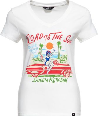 Queen Kerosin Damen Basic T-Shirt V Hals "Road To The Sun" QKU41019