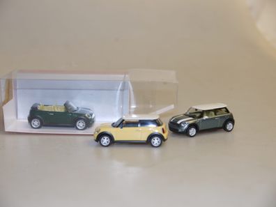 1:87 Herpa 033626 3 Stück (!) Mini Cooper: gelb/grau-met./Cabrio grün-met., neuw./Her