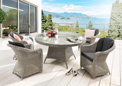 Destiny Sitzgruppe MALAGA LUNA 4 Sessel+Tisch Ø150x75cm, vintage weiß