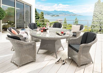 Destiny Sitzgruppe MALAGA LUNA 6 Sessel+Tisch Ø150x75cm, vintage weiß