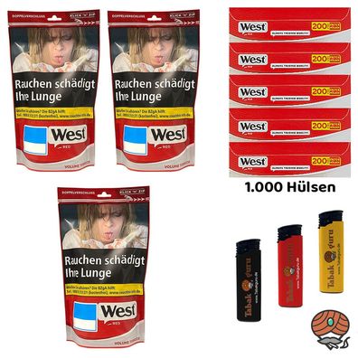 West Red/Rot Volumentabak Beutel 3x 95g, West Red Hülsen, 3 Feuerzeuge