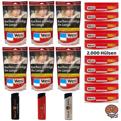 West Red/Rot Volumentabak Beutel 6x 95g, 2000 West Red Hülsen, Feuerzeuge