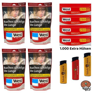 West Red/Rot Volumentabak Beutel 4x 95g, Extra Hülsen, Feuerzeuge