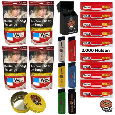 West Red / Rot Volumentabak 4x 95g, Hülsen, Feuerzeuge, Taschenascher, Box