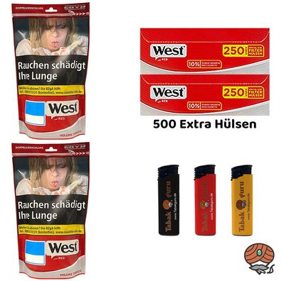 West Red/Rot Volumentabak Beutel 2x 95g Tabak, Extra Hülsen, Feuerzeuge