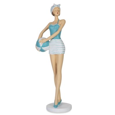 Dekofigur Frau Retro 11,5 x 10 x 33 cm - stehende Damenfigur im türkis-weißem