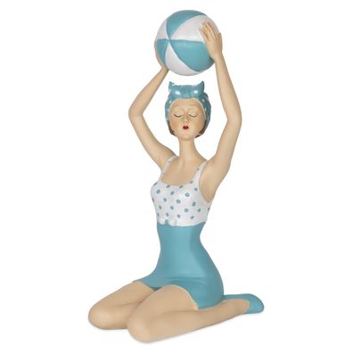 Dekofigur Frau mit Ball Vintage Stil Bademode Türkis Weiß 22,5?cm hoch - elegante
