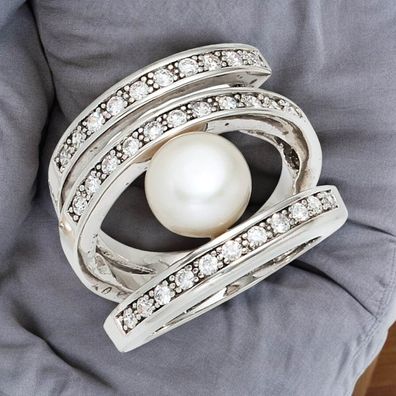 Damen Ring breit 925 Silber rhodiniert 1 Süßwasser Perle 31 Zirkonia Perlenring