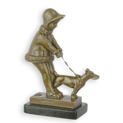 Art Deco Bronze Skulptur - Kind mit Hund auf Marmorsockel - 21 cm Höhe 1,6 kg