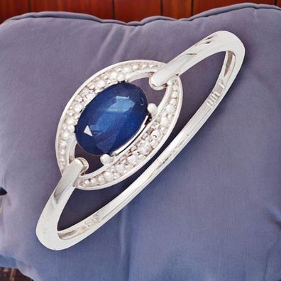 Damen Ring 585 Gold Weißgold 1 Safir blau 2 Diamanten Brillanten Goldring