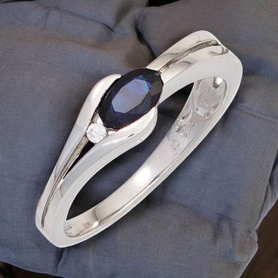 Damen Ring 333 Gold Weißgold 1 Safir blau 1 Diamant Brillant Goldring