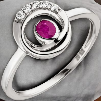 Damen Ring 375 Gold Weißgold 5 Zirkonia 1 Rubin Rubinring Weißgoldring