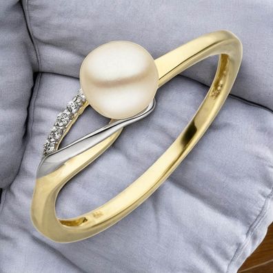 Damen Ring 333 Gelbgold Weißgold bicolor 1 Süßwasser Perle 6 Zirkonia