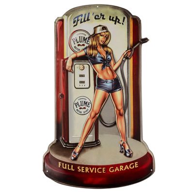 Blechschild 43 x 71 cm Gas Station Frau Car Girl Zapfsäule USA Amerika Vintage
