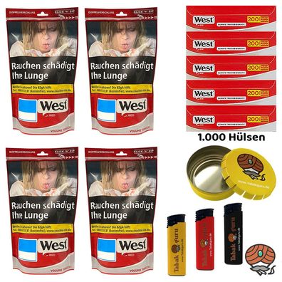 West Red / Rot Volumentabak Beutel 4x 95g, 1000 Hülsen, Taschenaschenbecher